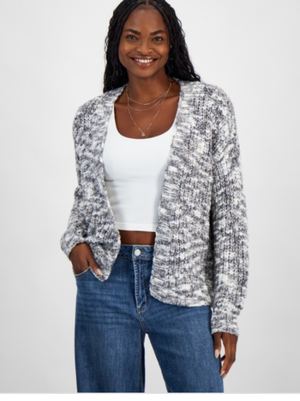 Hippie Rose Juniors' Open-Front Long-Sleeve Oversize Cardigan White/Grey SZ L